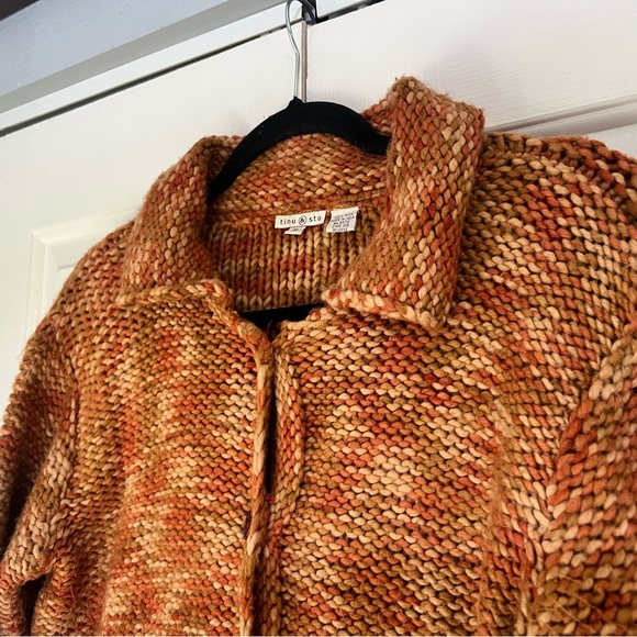 Tinu & Stu Chunky Knit Wool Orange Collared Cardigan Sweater Size Medium Womens - Picture 2 of 9